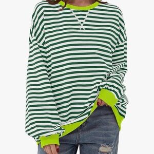Brand New Green and White Striped Women's Puff Sleeve Top
